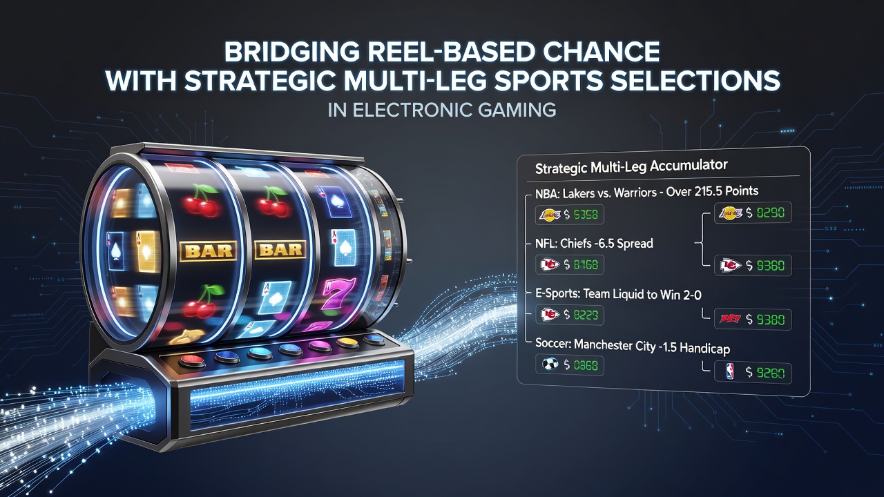 Close up view of a gaming app displaying reel symbols transitioning into multi-leg sports accumulator options