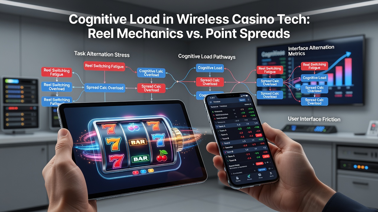 Wireless casino interface displaying slot reels alongside a sports betting point spread calculator on a mobile screen