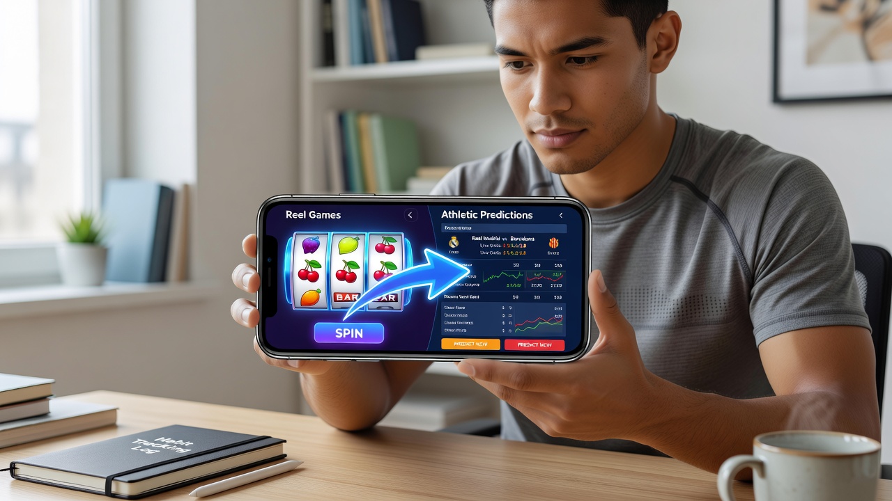 Mobile gaming interface showing transition from slot reels to sports prediction dashboard on a handheld device