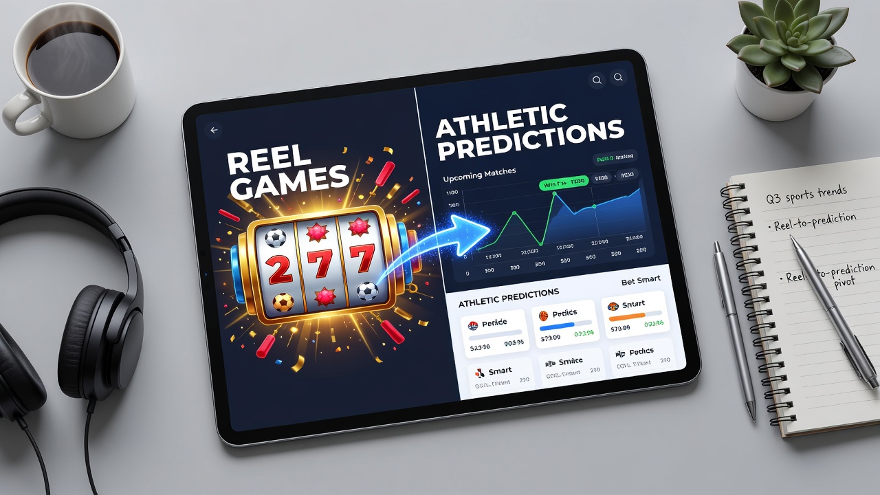 Handheld screen displaying athletic prediction analytics alongside reel game icons during user transition period