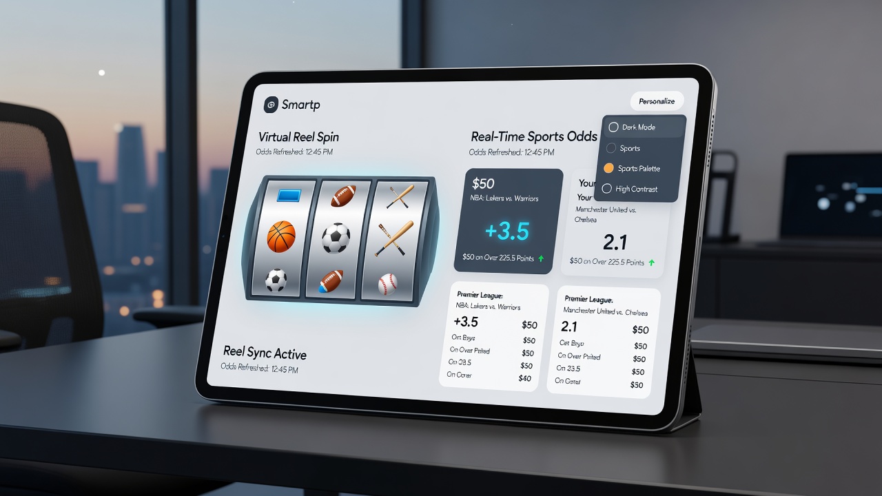 Close-up of mobile app interface with personalized sports odds synced to slot reel results