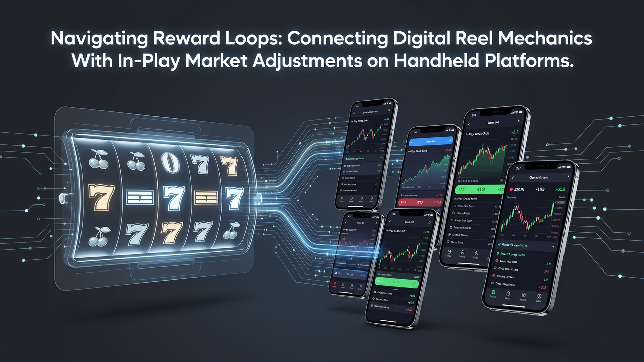 Digital reel interfaces on handheld devices showing reward indicators alongside live market data panels