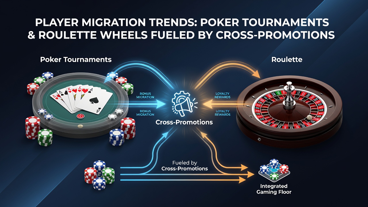 Close-up of mobile app interface displaying cross-promotion banner from poker tournament to live roulette table with bonus indicators