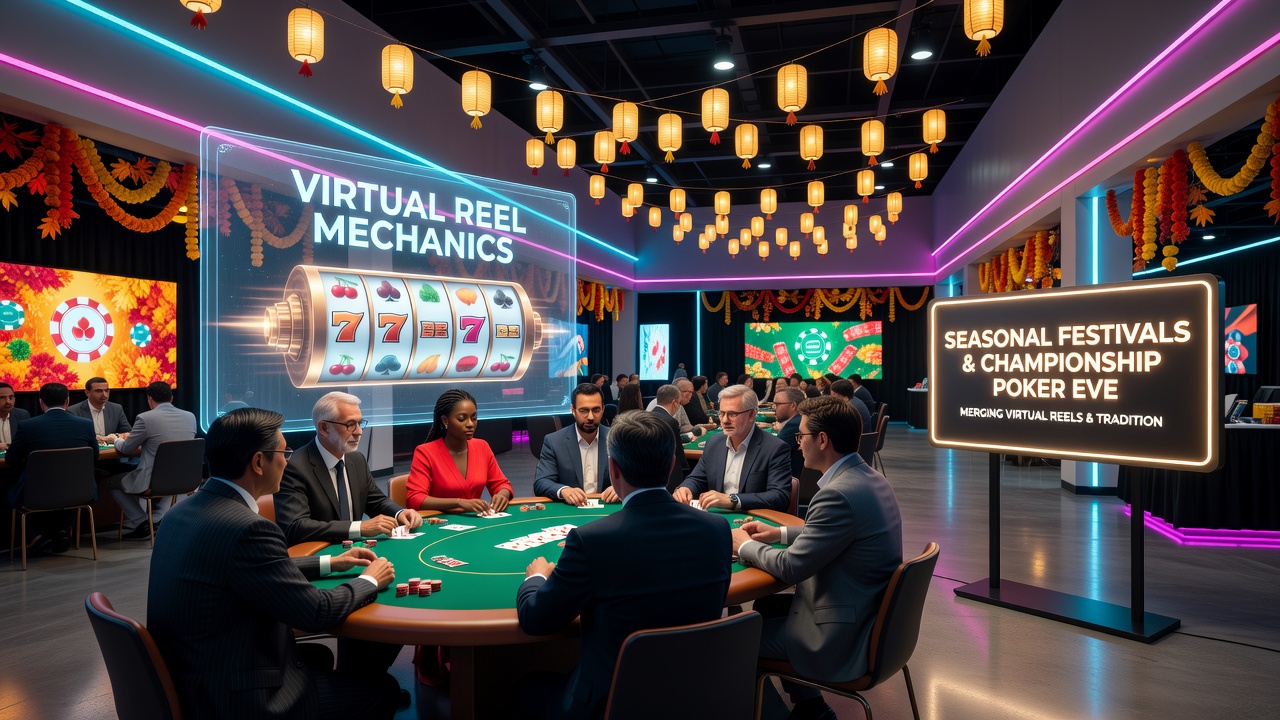 Split screen view of festival-themed slot reels transitioning into a live poker tournament lobby on a smartphone
