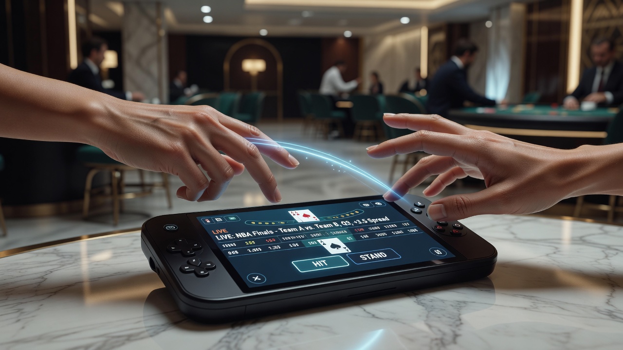 Handheld device displaying integrated blackjack and sports betting interface with gesture controls