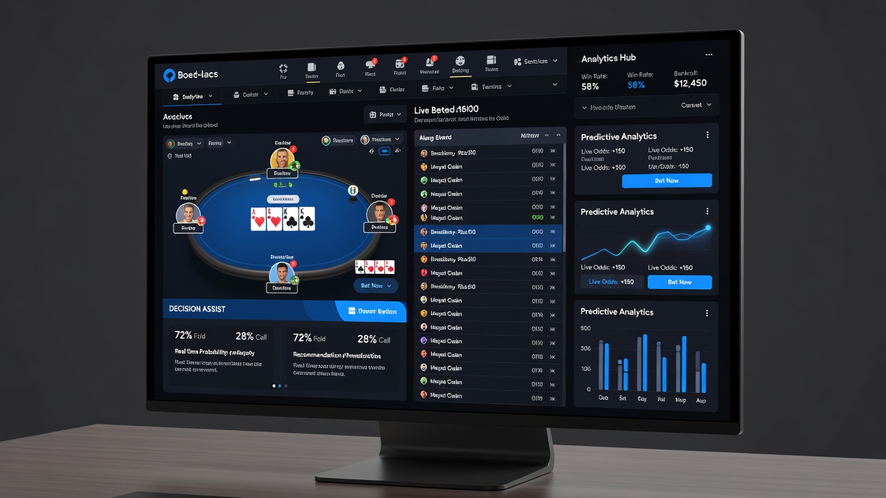 Close-up of smartphone screen displaying integrated poker hand analysis and live betting odds panels